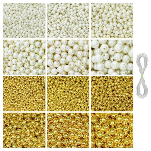 Image of 1800 Pcs Golden & 1800 Pcs Off White Pearl Beads for Jewellery Making Kit - Plastic Beads for Bracelet Making Kit - Pearls for Craft - Sizes 4, 5, 6, 8, 10, 12MM - 360g