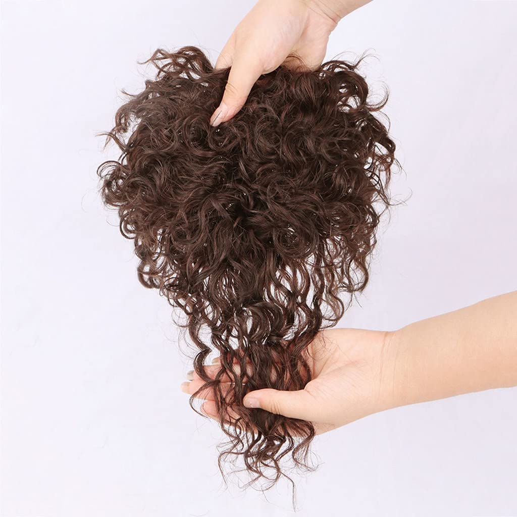 Full Head Top Wear Toupee For Women One Piece Clip in Human Hair Curly Topper With Curl Bangs 15x15cm Wiglet (25cm Black)