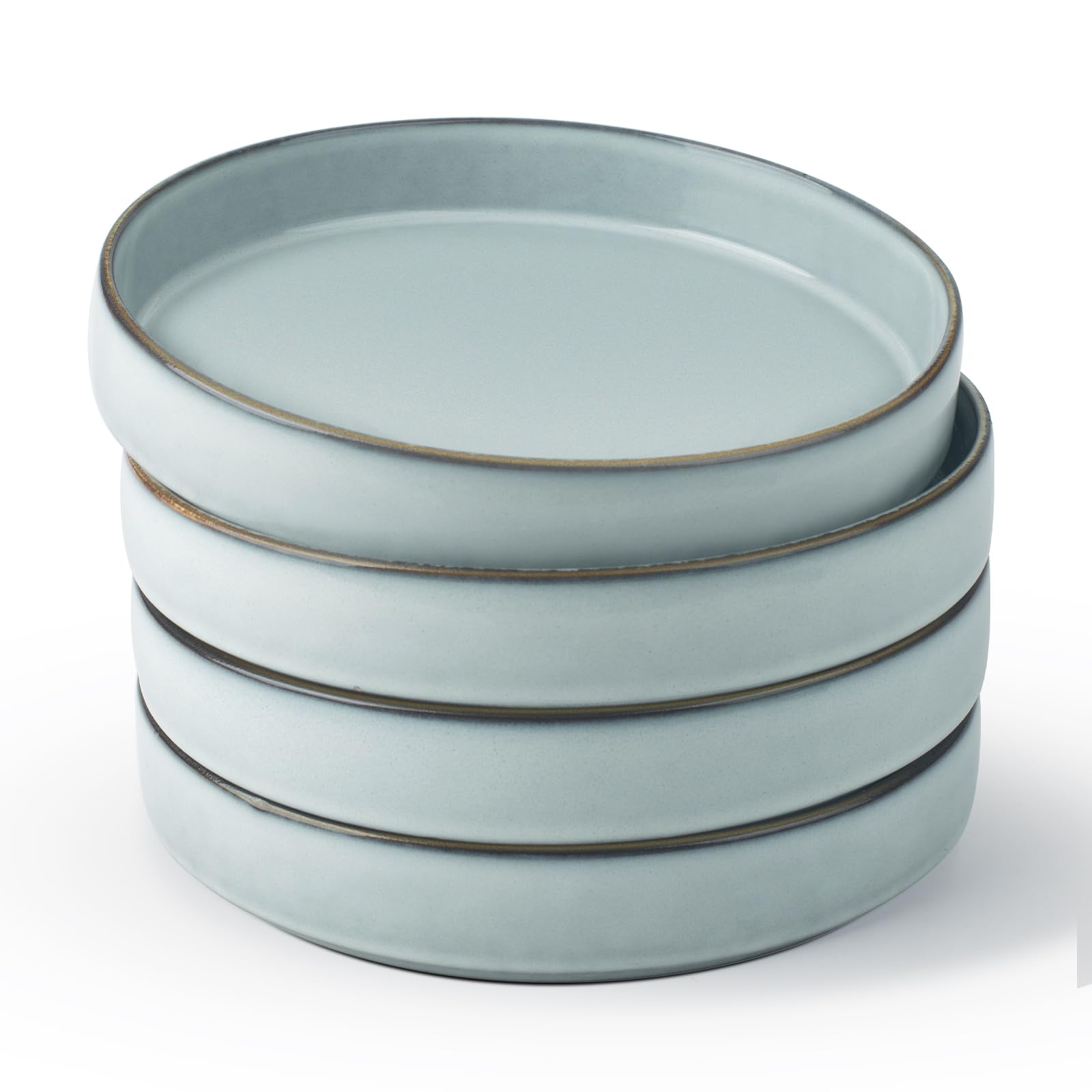 famiware Annecy Pasta Bowls Set of 4, 24 oz Salad Bowl Plates, Stoneware Dinnerware/Dishware/Plateware Set for Serving, Dining, Noodles, Remen - Microwave & Dishwasher Safe, Reactive Glaze, Grey-Blue