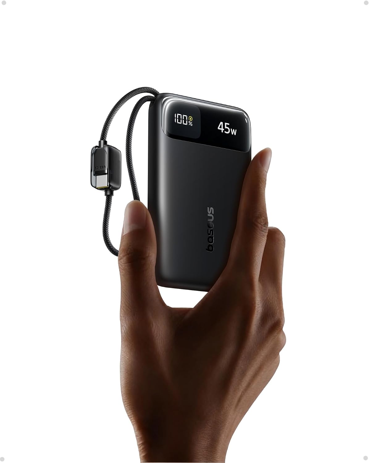 Baseus FC11 Powerbank 45 W, 10 000 mAh, z 2 wbudowanymi kablami USB-C, Power Bank Klein certyfikat CCC z wyświetlaczem LED, zewnętrzne akumulatory do telefonów komórkowych Mini do iPhone 17/16/15/14