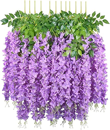 12 Pack 3.75 Feet/Piece Artificial Fake Wisteria Vine Ratta Hanging Garland Silk Flowers String Home Party Wedding Decor (Light Purple)