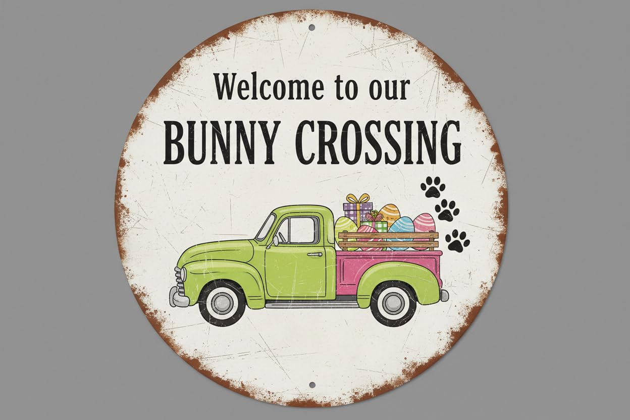Vintage Welcome To Our Bunny Crossing Tin Sign Retro Spring Decor for Home Office Bar Cafe 12x12inch