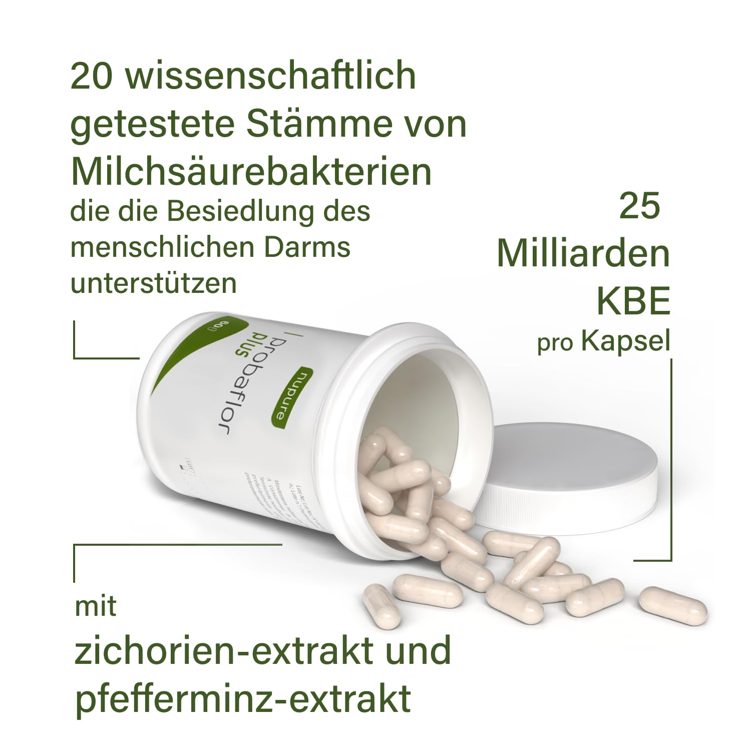 Nupure® Probaflor Plus 400 Milliarden KBE/g*, 60 Kapseln, Hochdosiert, 20 Stämme Milchsäurebakterien und Bifidobakterien, Plus Inulin, Magensaftresistente Kapselhülle