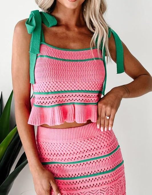 Seyumixi Women Crochet Knit 2 Piece Vacation Outfits Sleeveless Striped Tie Shoulder Tank Top Bodycon Midi Skirt Set - Image 5