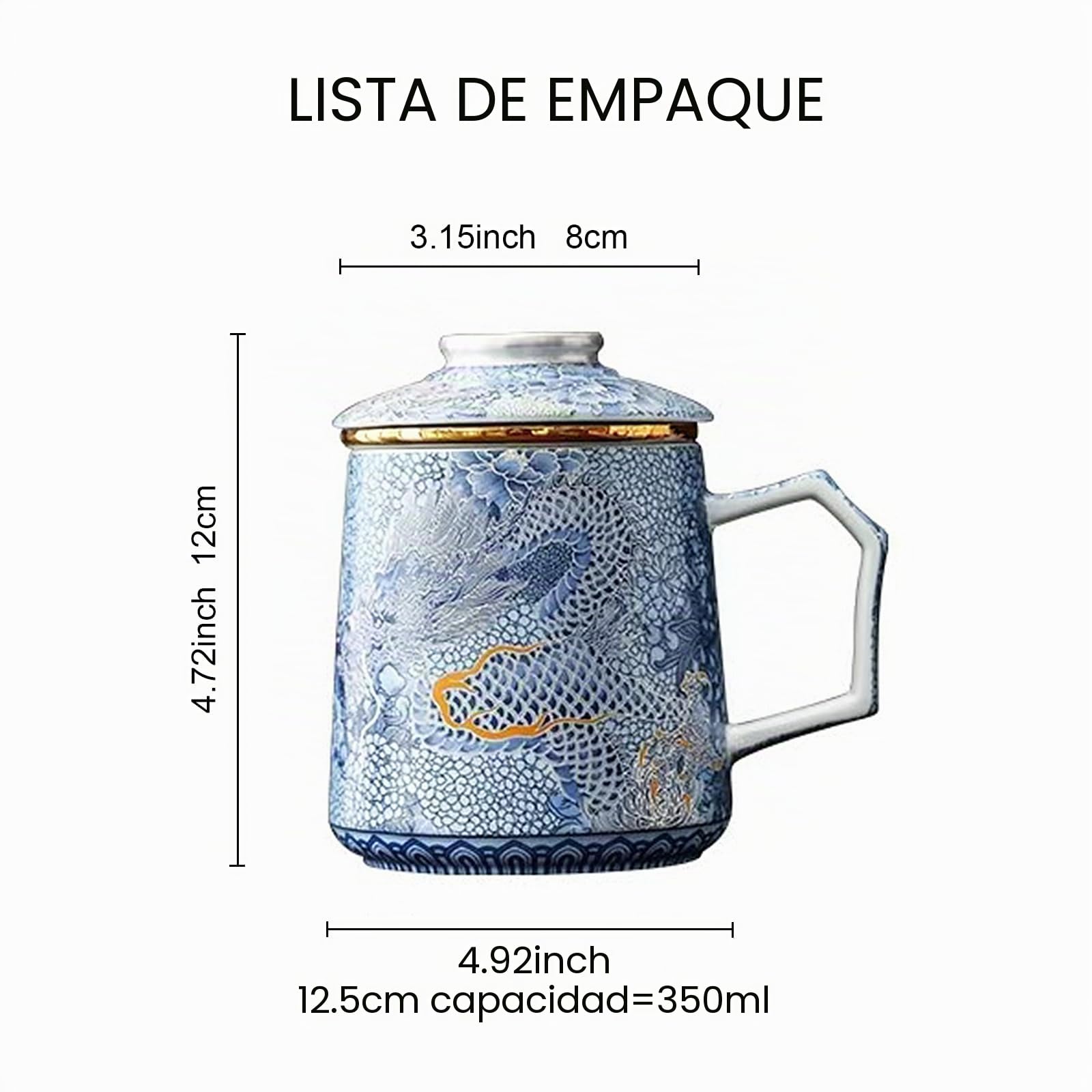 fanquare Tazas de té Chinas Loong Taza de Té de Porcelana Azul con Infusor y Tapa Taza Grande de Cerámica Tradicional con Asa