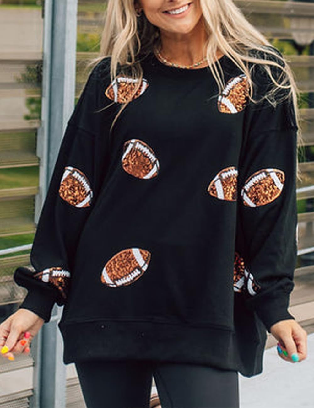 Ecosunny Women's Casual Holiday Mardi Gras Sweatshirt Sequin Print Round Neck Long Sleeve Loose Pullover Tops - Image 3