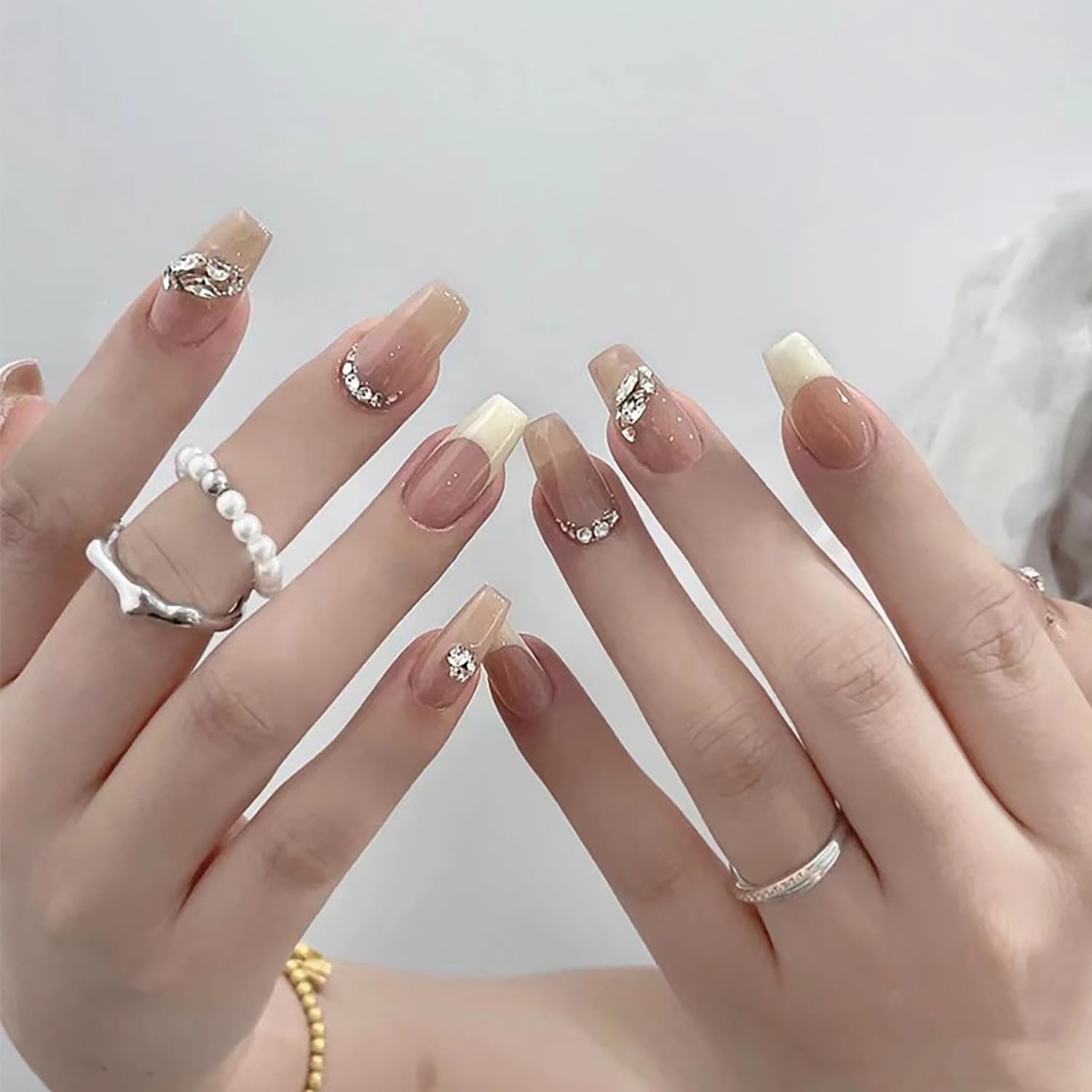 Luxury Press On Nails – Square Shape with Nude Base, French Tips & Rhinestone Embellishments – Reusable Glue On Artificial Nail Kit for Wedding, Party & Everyday Glamour (24 Pcs)-picture-23