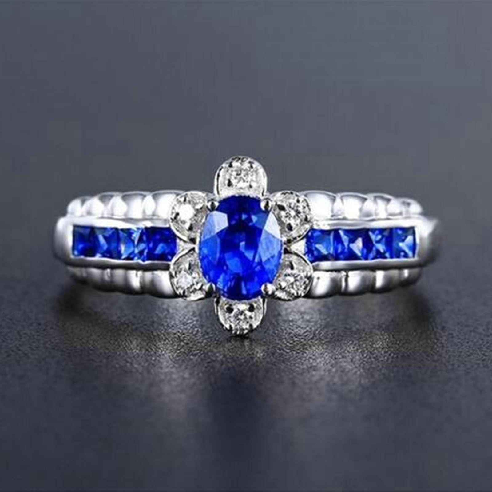 Anello Oro Bianco Donna 14K, Anelli Fidanzamento Donna Elegante Fiore Zaffiro Blu Sintetico da 1.04ct e Moissanite da 0.06ct Anello per Mamma, Fidanzata, Sposa Oro Bianco
