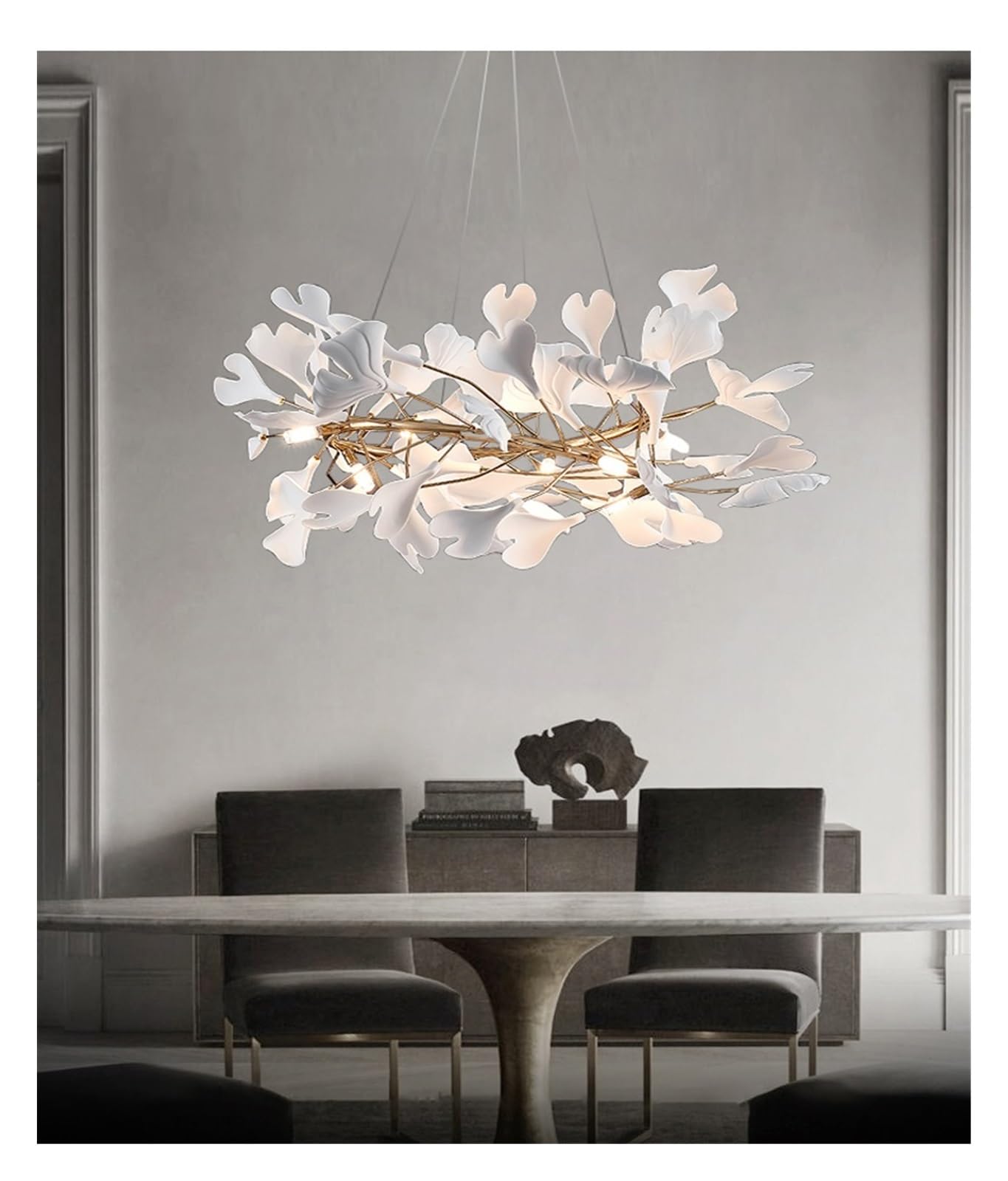 Lustre, Plafonnier suspendu rond en forme de feuille Ginkgo, design moderne, luminaire décoratif d'intérieur, idéal(White,ROUND 100CM_CERAMIC)