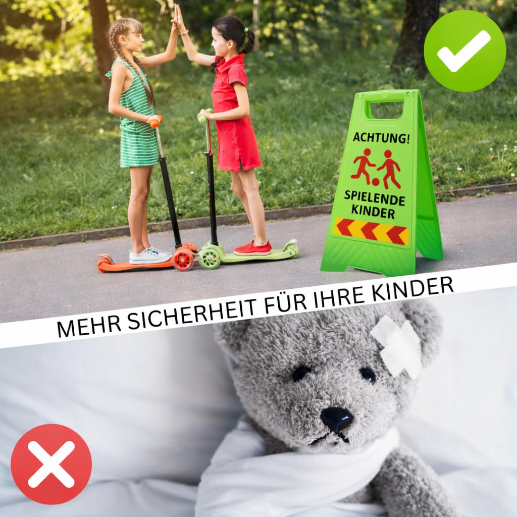 Friendly Fox 2 Stück Warnschilder Achtung spielende Kinder, 60 x 30 cm | Sicherheitsschild, Vorsicht Kinder Schild, klappbarer Aufsteller mit Reflektorstreifen