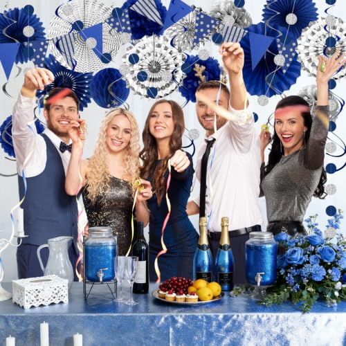 Image of 24 Pcs Blue Silver Party Decorations, Paper Fans Pom Poms Banner 8-16 in