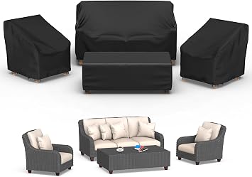 أغطية أثاث Mrrihand Patio ، 4 قطع غطاء أثاث خارجي مقاوم للماء بما في ذلك غطاء أريكة Ourdoor ، 2 أغطية كرسي ، غطاء طاولة قهوة مع حزام مشبك مقاوم للرياح ورباط قابل للتعديل