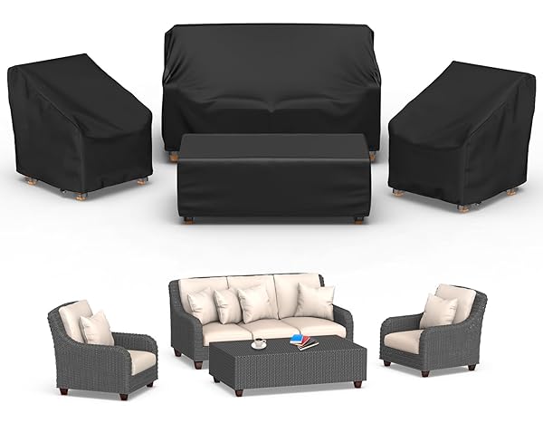 Mrrihand Patio Furniture Covers, 4 Piece Outdoor Furniture Cover Waterproof includ Ourdoor Sofa Cover, 2 Chair Covers, Coffee Table Cover with Windproof Buckle Strap and Adjustable Drawstring-Black