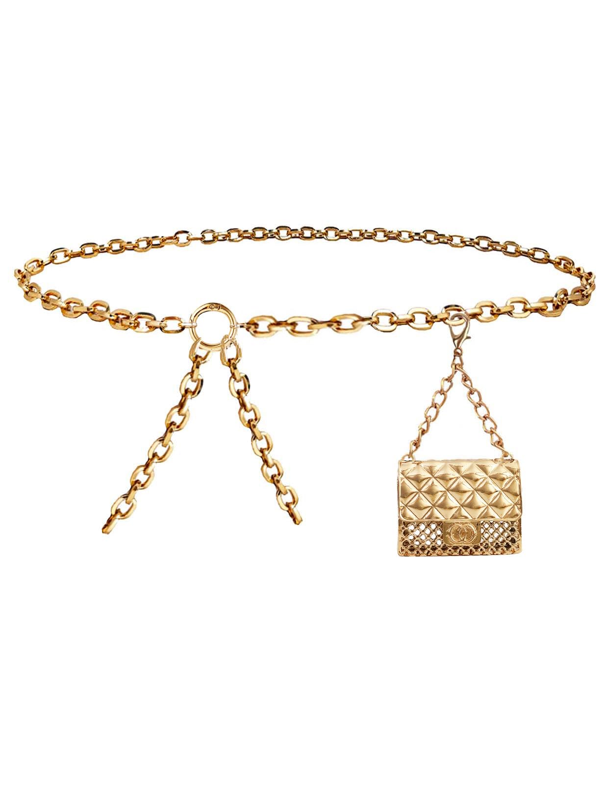 Gold Waist Belt Bag for Women Mini Chain Belt Purse Fashionable Trendy Fanny Pack for Dresses Jeans, A Gold, Mini Purse + 42" Chain-image-29
