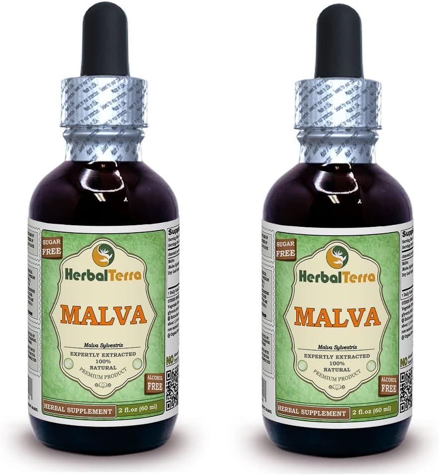 Malva (Malva Sylvestris) Wildcrafted Dried Leaf Alcohol-Free Liquid Extract (Brand Name: HerbalTerra, Proudly Made in USA) 2x2 oz