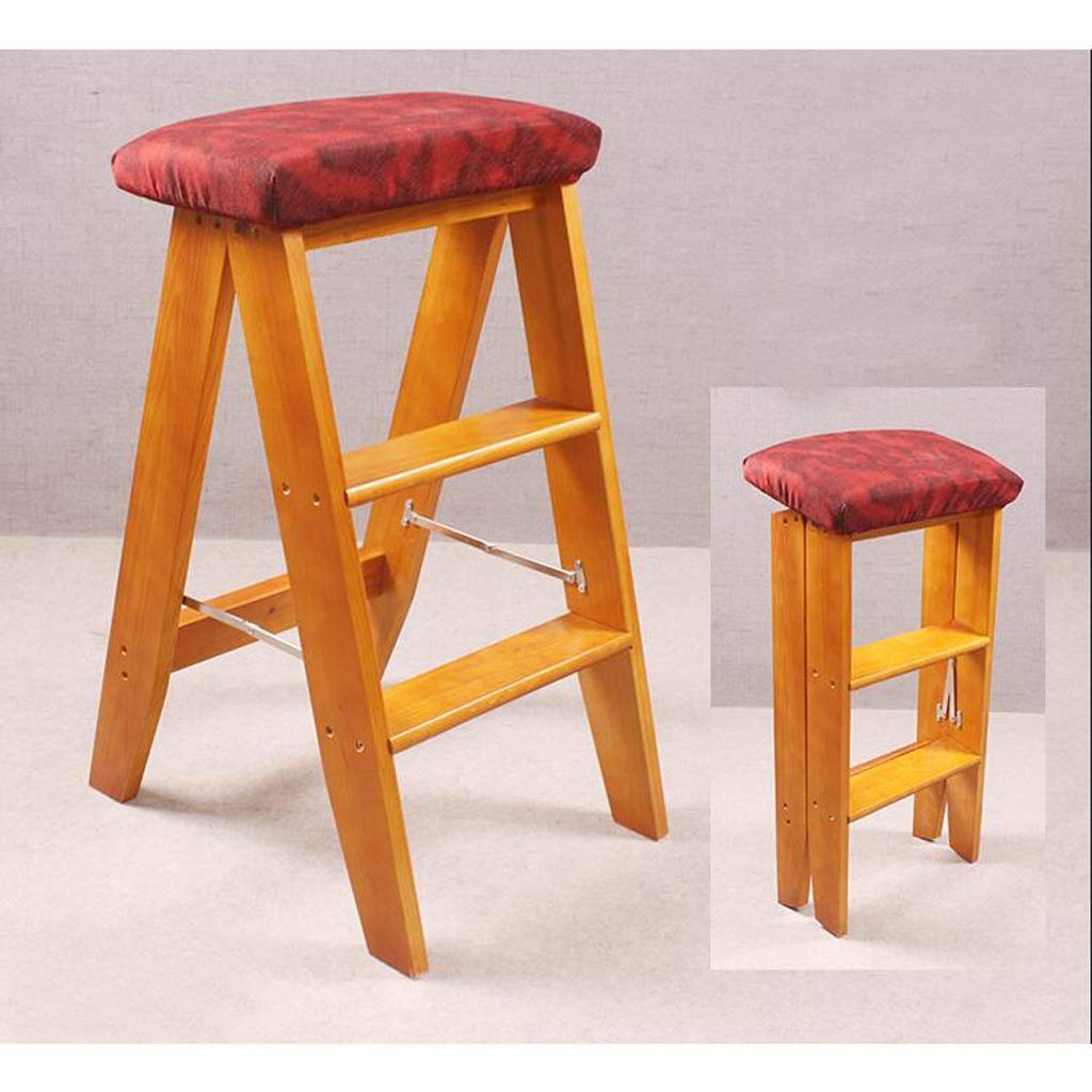 Escabeau double usage pliant en bois jaune avec trois marches stables