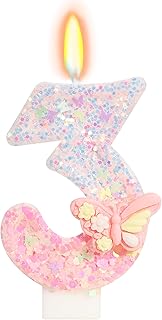 Pink Butterfly Number 3 Candle, 3rd Birthday Decorations for Girls, Glitter Butterfly Cake Topper with Sequins for Party Supplies & Favors