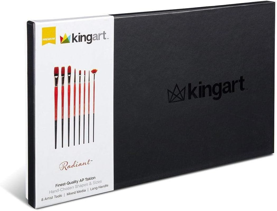 KINGART Premium Radiant, Golden Taklon Long Handle Brushes, Set of 8