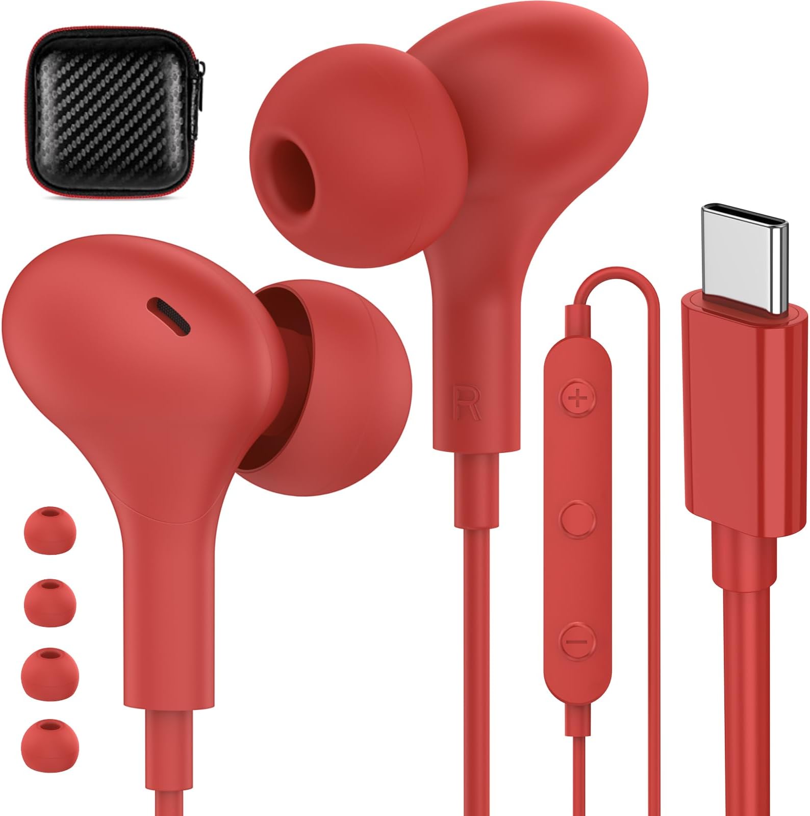 APETOO USB C Headphones for iPhone 17/16/15 Wired Earbuds for Samsung Galaxy S26/S25/S24/S23/S22 Magnetic Noise Isolating in-Ear Type C Earphones with Mic Volume Control for iPad 10/Pixel/Android, Red