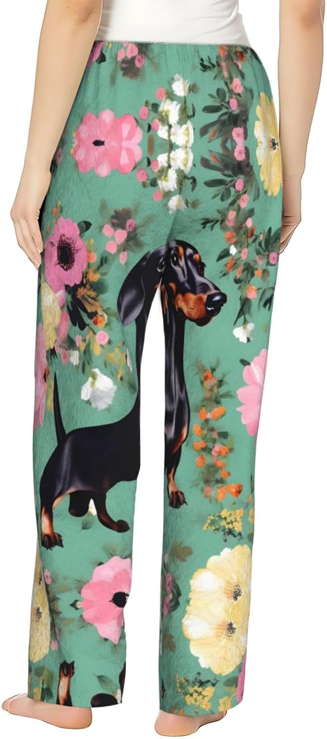Dachshund Florals Print Cozy Flannel Pajama Pants For Women,Warm Christmas Pj Pants,Cute Fleece Pajamas