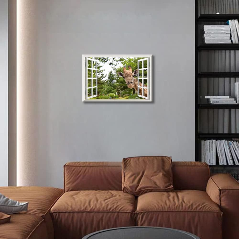Wall Decorations Cute Giraffe 3D Effect Green Forest Window View for Living Room Painting Pictures Print on Canvas Wall Art Wooden Frame Ready to Hang 8x12inch (20x30cm) - Image 3