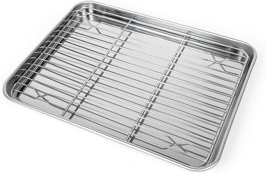Baking Tray with Cooling Rack, Stainless Steel Rectangular Baking Mould, Cake Tray, Oven Tray with Cooling Rack for Baking, Cake Rack for Roasting, Serving, Non-Toxic, Dishwasher Safe, 31 x