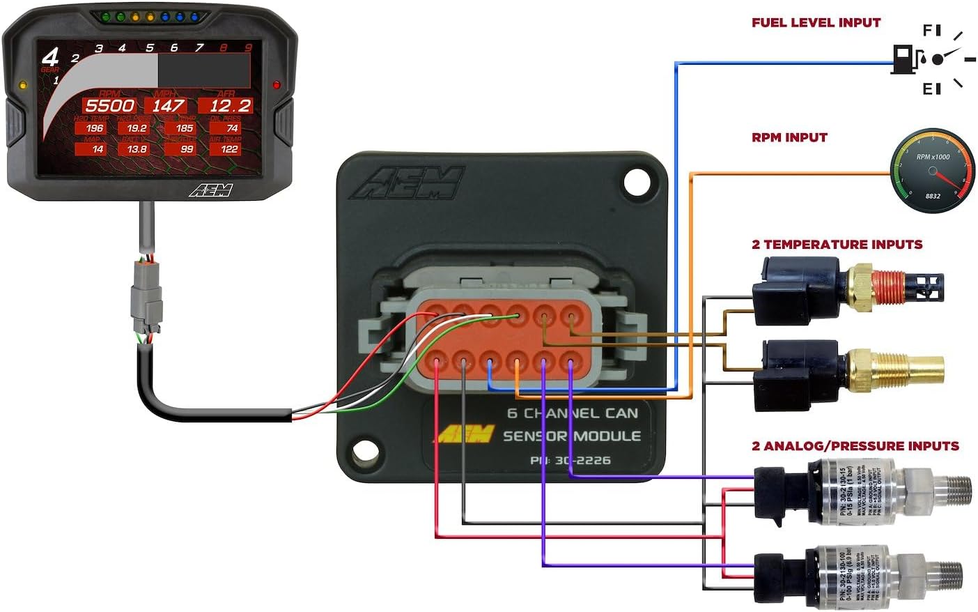 AEM 6 Channel CAN Sensor Module for CD Carbon Digital Dash 08+ Stock Flash ECU