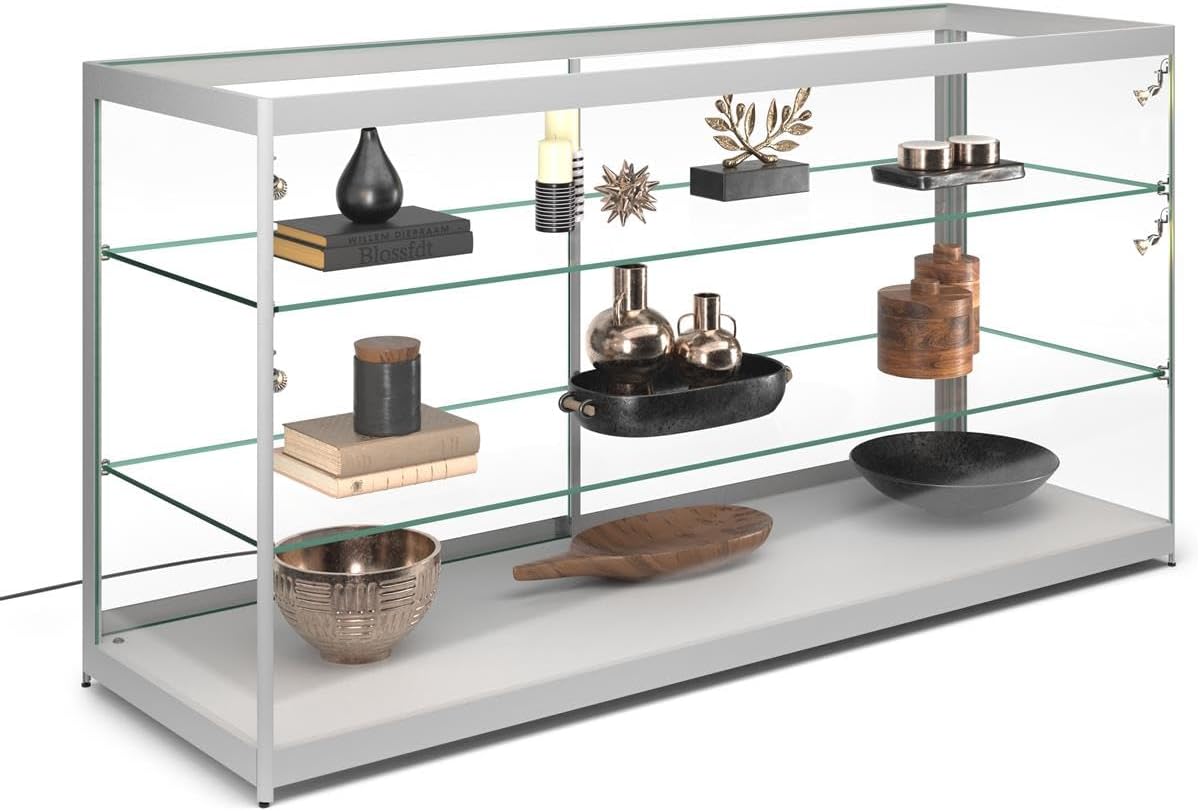 Displays2go 6 ft Glass Display Counter with LED Side Lighting, Retail Showcase Cabinet with Adjustable Shelves, Aluminum Frame – Silver (JBQCT72LED)