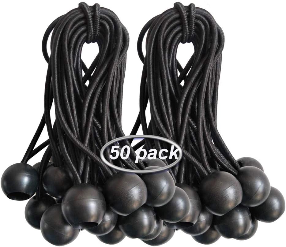 Ball Bungee Cords 50 Packs, 5 Inch Black Tie Down Cords for Tarp, Canopy Shelter, Wall Pipe, UV Resistant