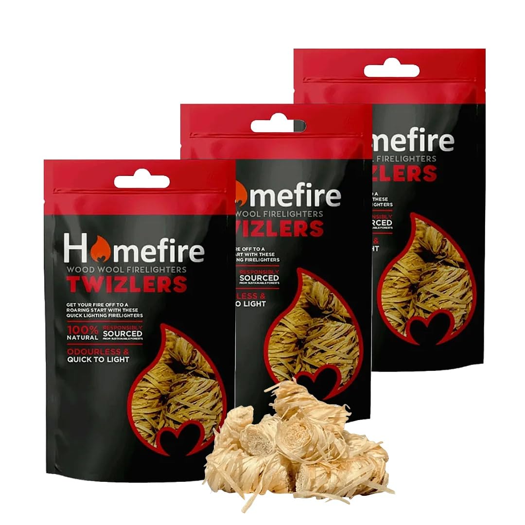 Wood Wool Fire Lighters Multipack - Pack of 3 x 300g Easy to Light 100% Natural Twizlers Firelighters with Topline Card for Charcoal BBQ’s, Pizza Oven, Fire Pits, Wood Burners, Barbecue, Camping