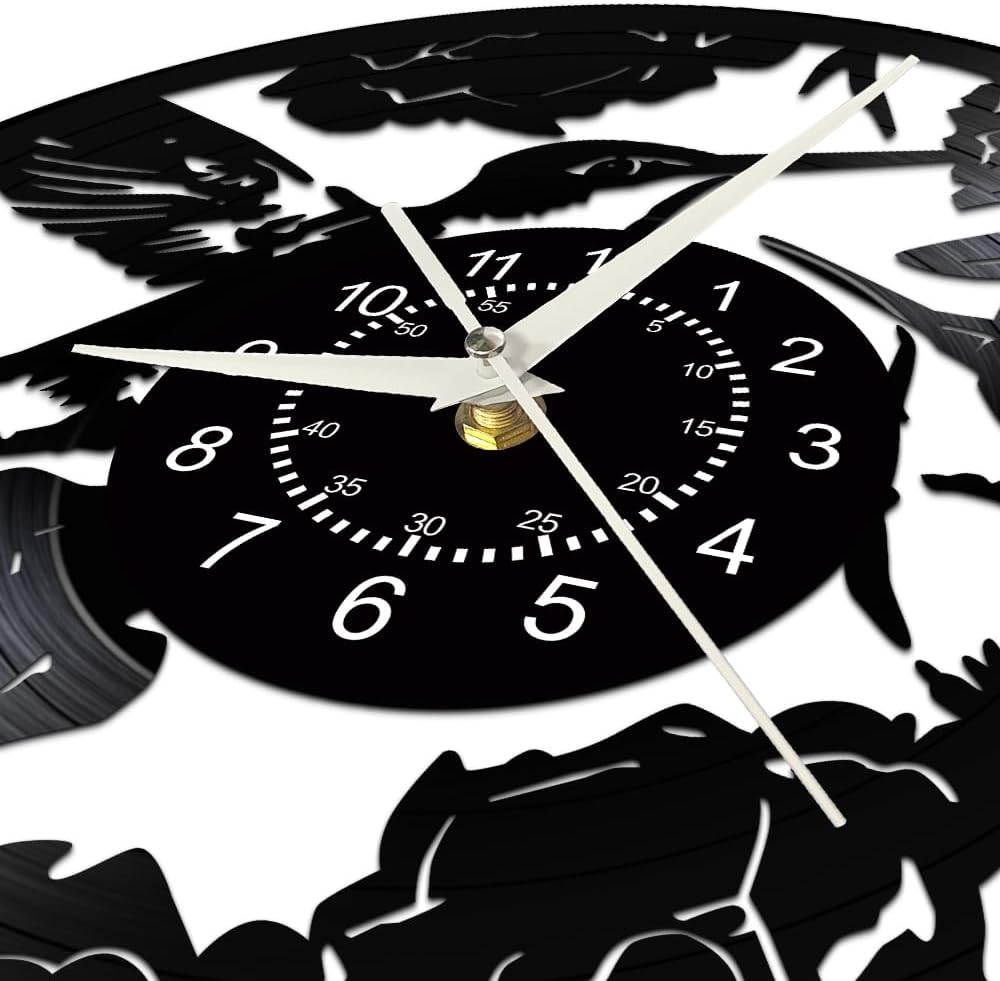 12 Inch Hummingbird Spring Wall Clock, Vintage Hummingbird Flower Vinyl Record Wall Clock Nature Lovers Floral Wall Watch Clock Silent Movement Battery Operated for Bedroom Kitchen Bathroom