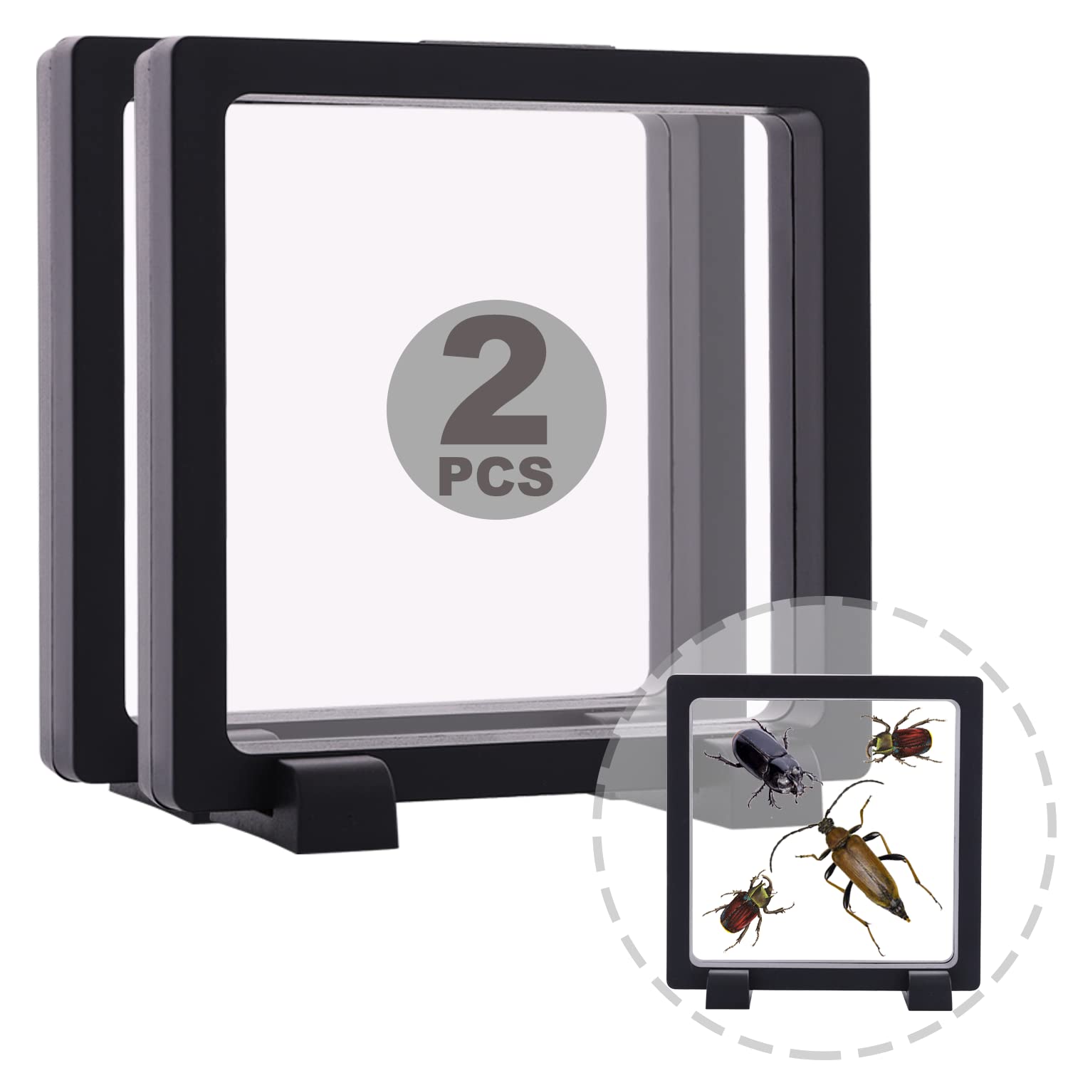 2 Set 7.1 Inch 3D Floating Display Frame Case for Jewelry, YITOU Challenge Coin Display Stands Case Holder for Fossil, Rock, Gemstones, Megladon Tooth, Specimens, Floating Frame Case