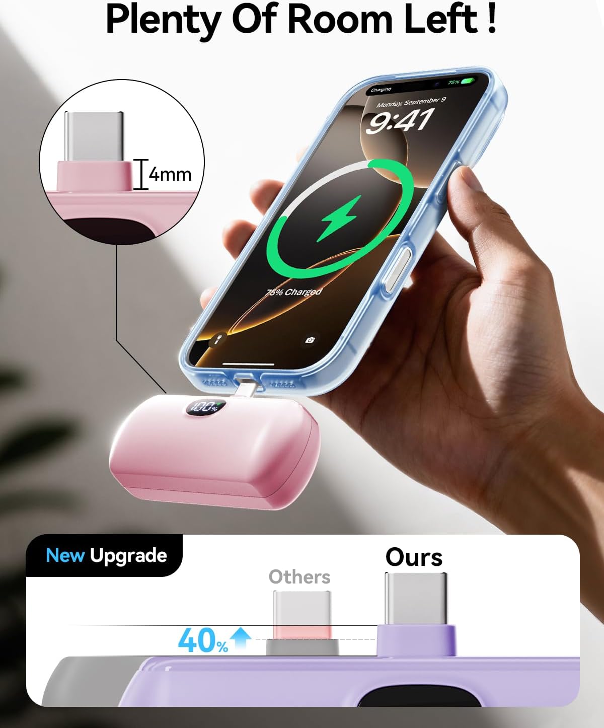 [2 Pack Mini Portable Charger USB C, 5000mAh Cell Phone Portable Power Bank, 22.5W Max Fast Charging Battery Pack for iPhone17/16/15/Android etc, Travel Essential, LCD Display, Pink&Purple - Image 3