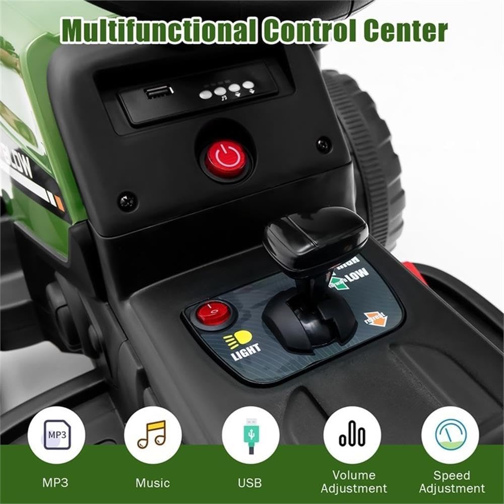 Pemberly Row 12V Kids Ride On Tractor, Detachable Trailer Ground Loader, Dark Green Finish, LED Lights, Safe Start Technology, Rechargeable Battery, Sturdy Outdoor Toy for Children