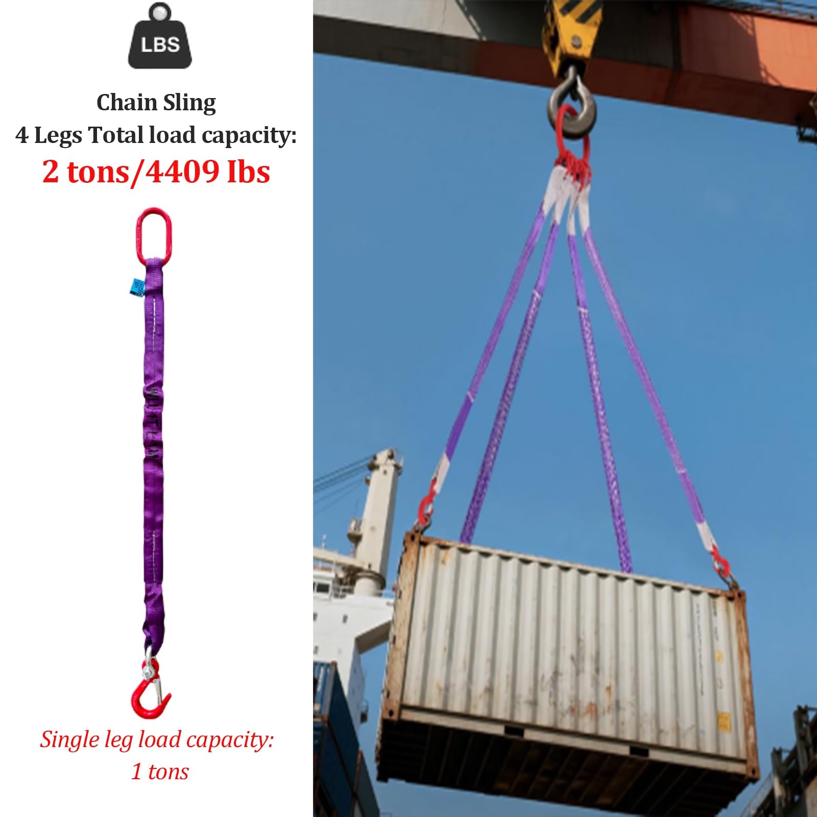 Cinghia di sollevamento a 4 bracci da 2 tonnellate con ganci, cinghia di sollevamento per carichi pesanti, cinghia di sollevamento in poliestere, per gru, carrelli elevatori(3m)
