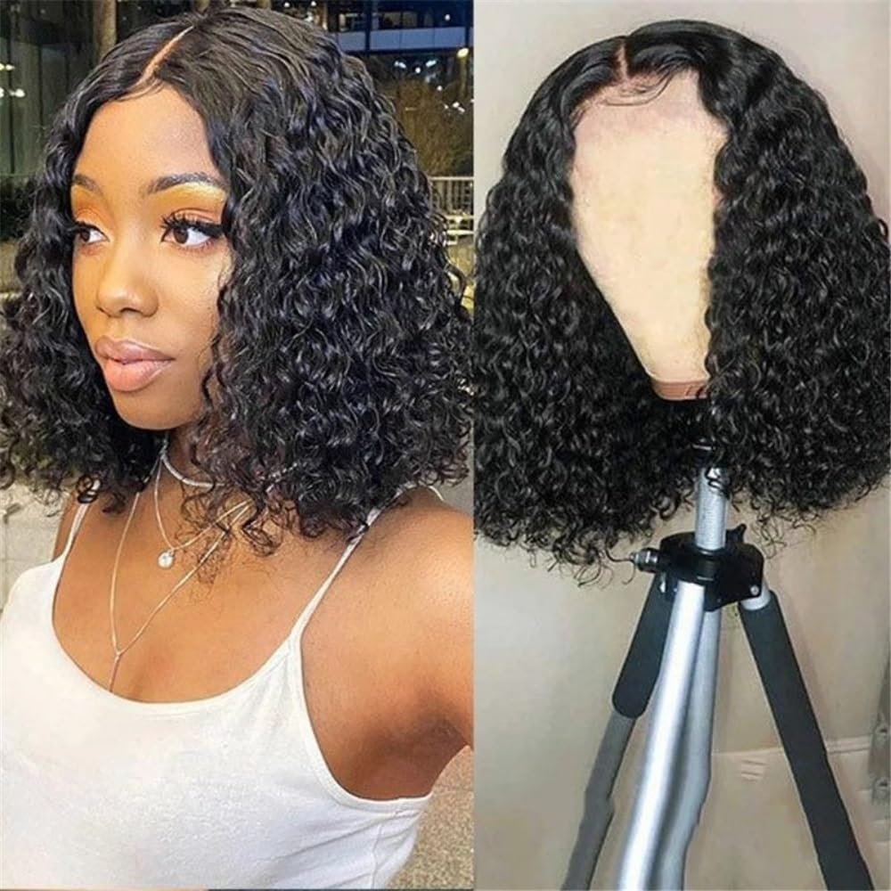 12A Full Hand Weaving Jerry Curly Bob Wig 13 * 4 Frontal Lace Wig Human Hair(10 inch), Natural black