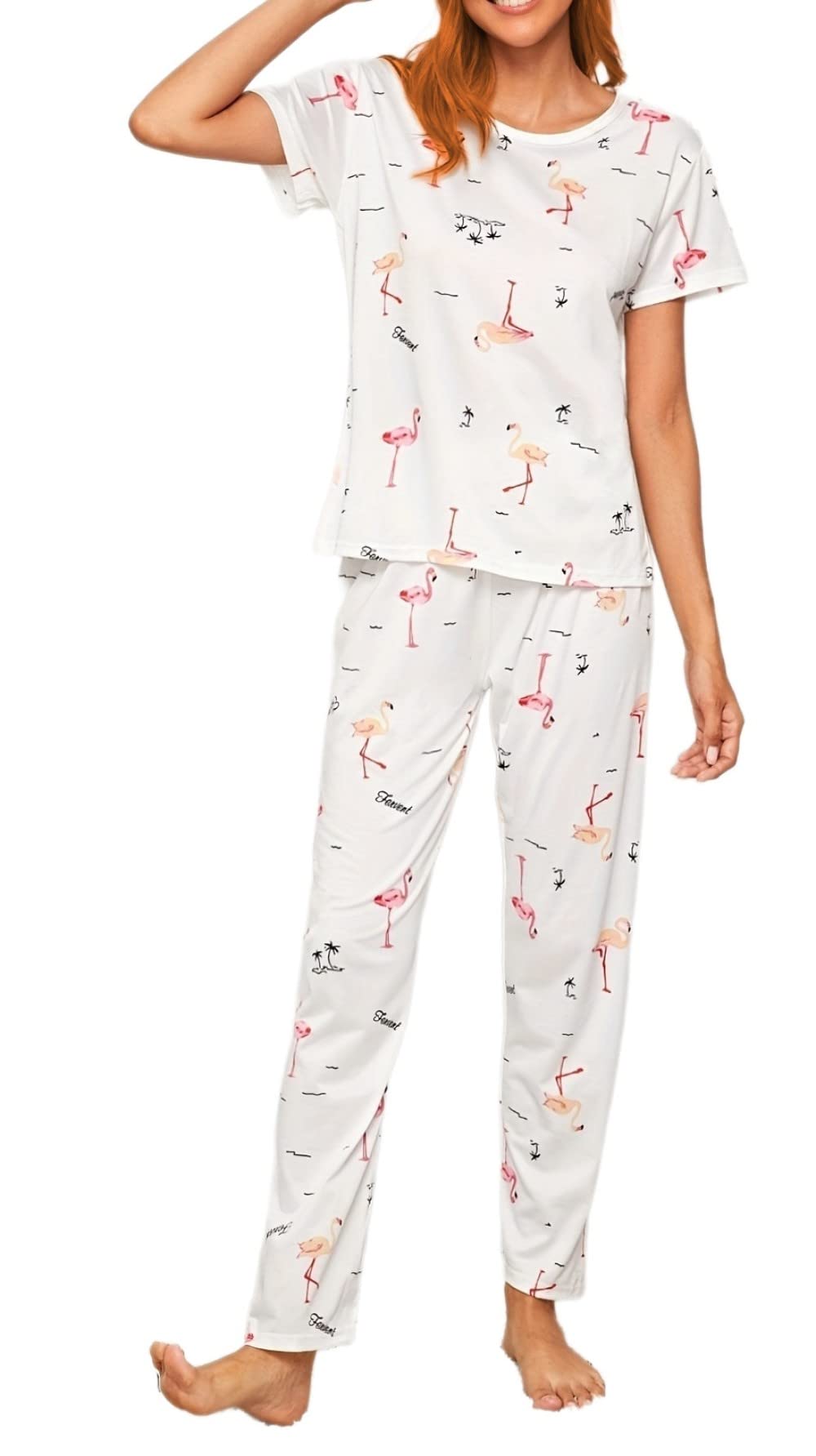 Ensembles De Pyjama Ete Femme,Ensemble De Pyjama en Polyester pour Femme À Col Rond Imprimé Flamant Rose Pyjama À Manches Courtes pour Femme Ensemble Deux Pièces Cadeau De Festival pour Femme Co