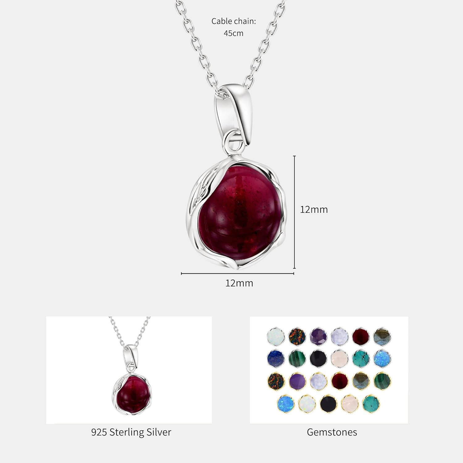 Red Garnet Necklace for Women - 12mm Round Germstone Garnet Pendant - 925 Sterling Silver Cable Chain 45cm - January Birthstone - Necklace Silver - Perfect for Classy Gift and Everyday Wear - Image 7