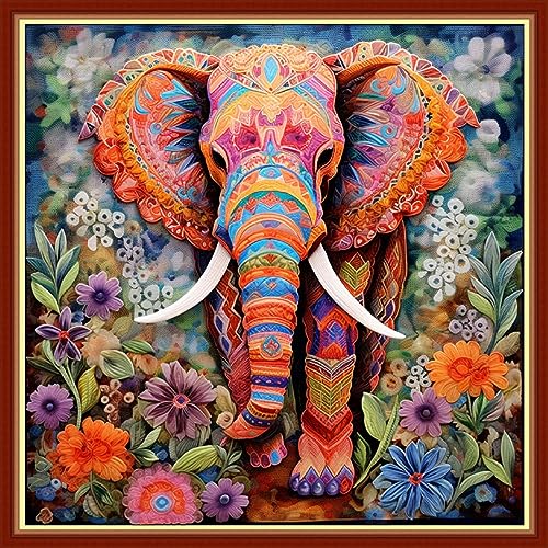 Image of Foxhool Beginners Cross Stitch Kits Stamped Full Range of Embroidery Kits for Adults DIY Cross Stitches kit Embroidery Patterns for Needlepoint kit-Colorful Elephant Flowers 17.7x17.7 inch