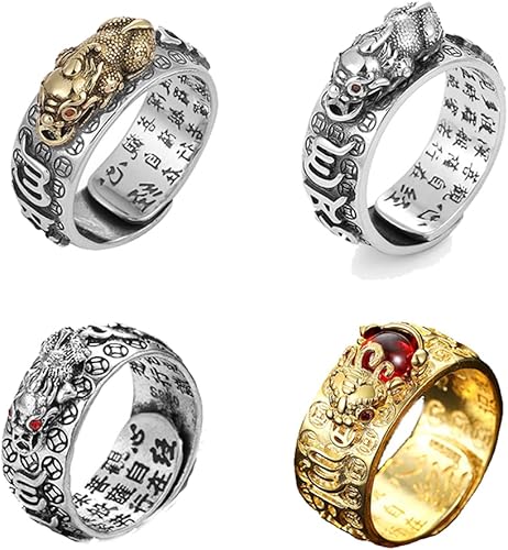 JILIYUPA 4 anillos de Feng Shui Pixiu budista de buena suerte amuleto de doble protección riqueza amor salud regalo para hombres y mujeres