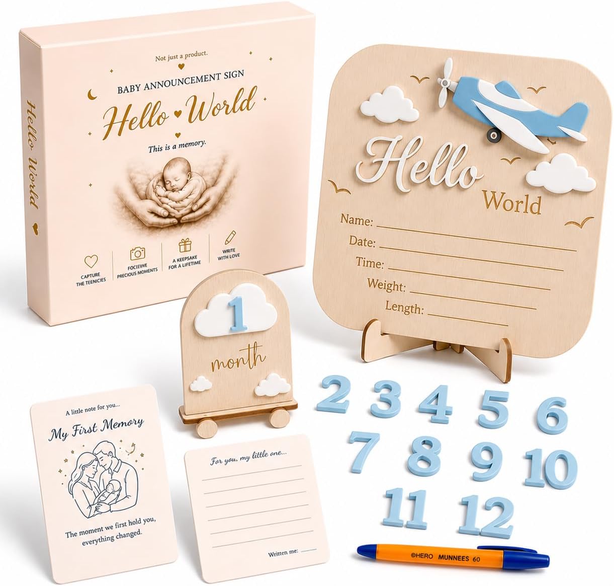 Baby Announcement Sign – Monthly Milestone Signs - Gift Registry By Name, 3D Wooden Baby Welcome Sign with Dreamy Sky Adventure Details, Monthly Keepsake Numbers, Baby Room Décor, Forever Keepsake