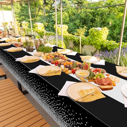 Image of 1Pcs Black Silver Tablecloth Party Decorations,Plastic Black Table Cloth Printed Silver Table Runner Disposable Rectangle Table Cover for Birthday Anniversary Wedding Graduation Party,54 x108 Inch