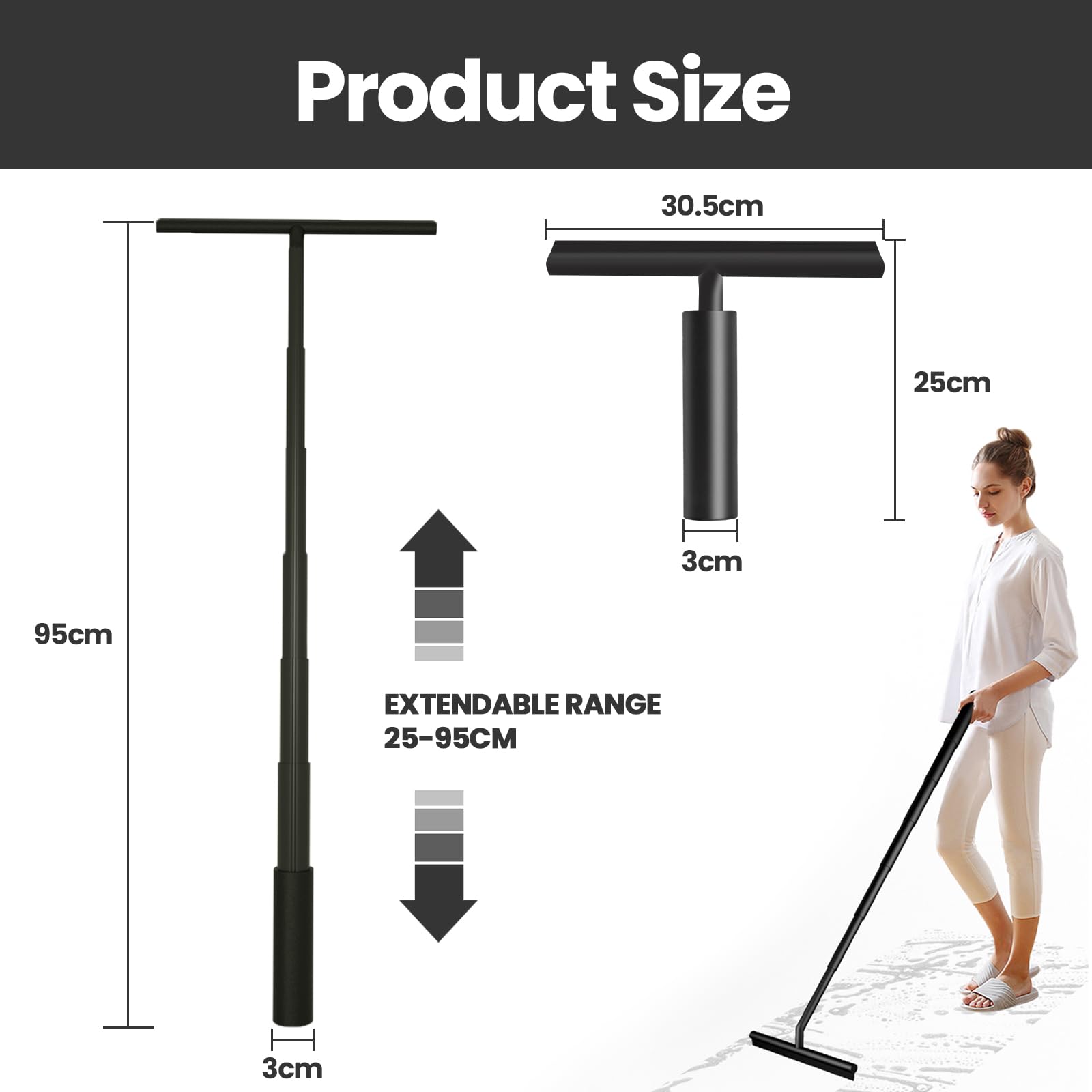 Tergivetro per Doccia, Tergivetro da Bagno, Retrattile 25-95cm Tergicristallo per Doccia, Tergicristallo Doccia Nero per Finestre,Specchi,Bagno Pulire Superfici Lisce
