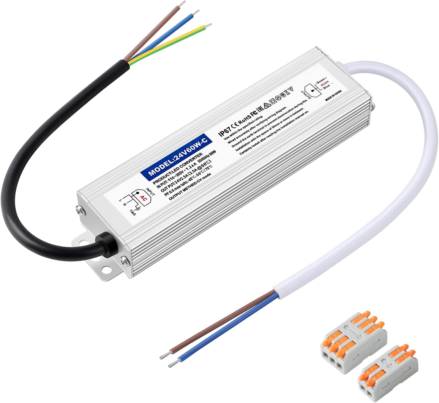 24V60W IP67 Waterproof LED Driver, 60W 2.5A 110V AC to 24V DC Converter, Corded Electric, Current Rating 5.0 Amps, Ip67, Ideal for Indoor and Outdoor LED Lighting
