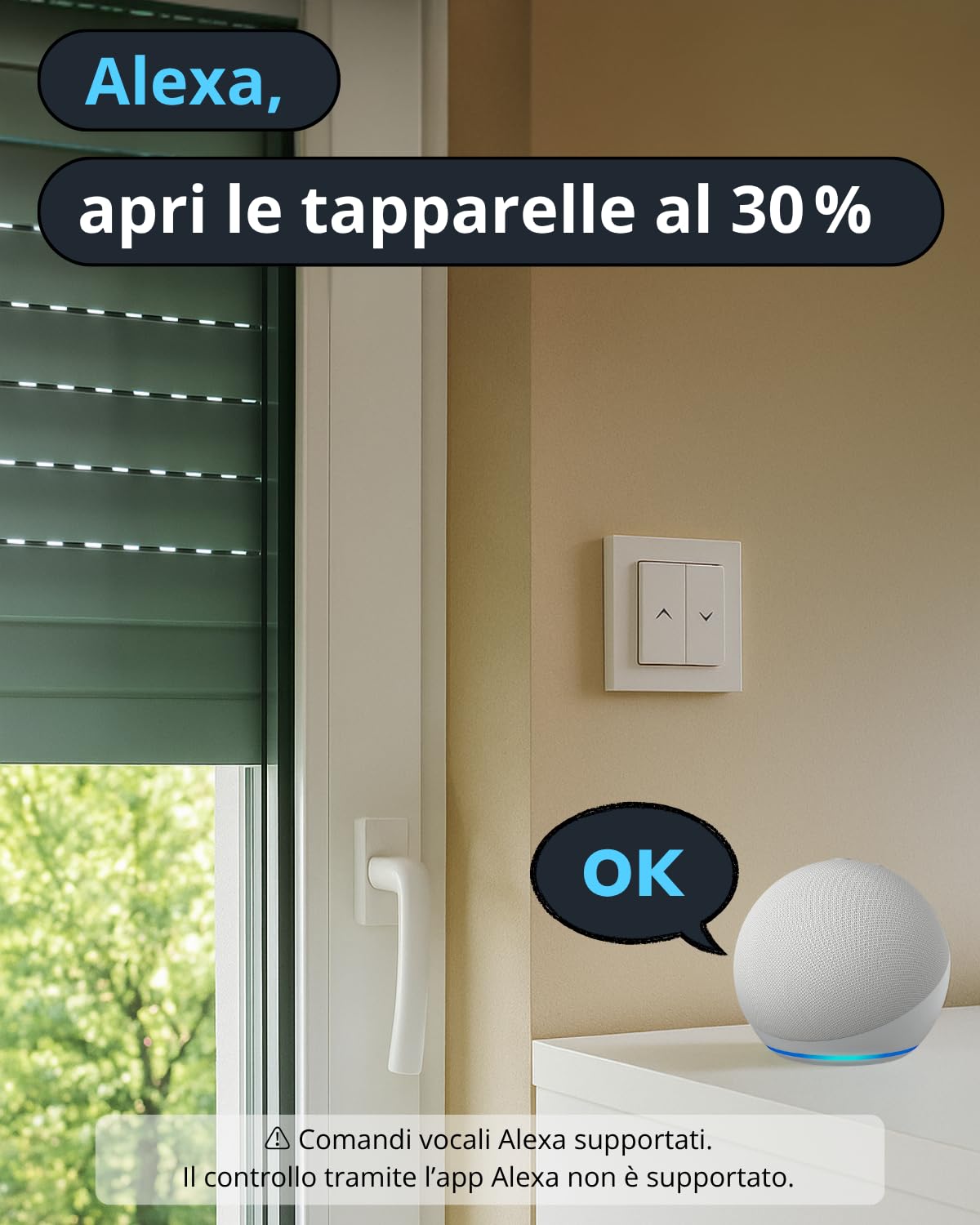 LoraTap Interruttore Tapparelle WiFi 2 Pezzi: Apertura 0–100% con App | Apertura precisa senza arresto manuale – Timer – Controllo vocale – Senza hub – Interruttore mantenuto – AC 4 fili 300W