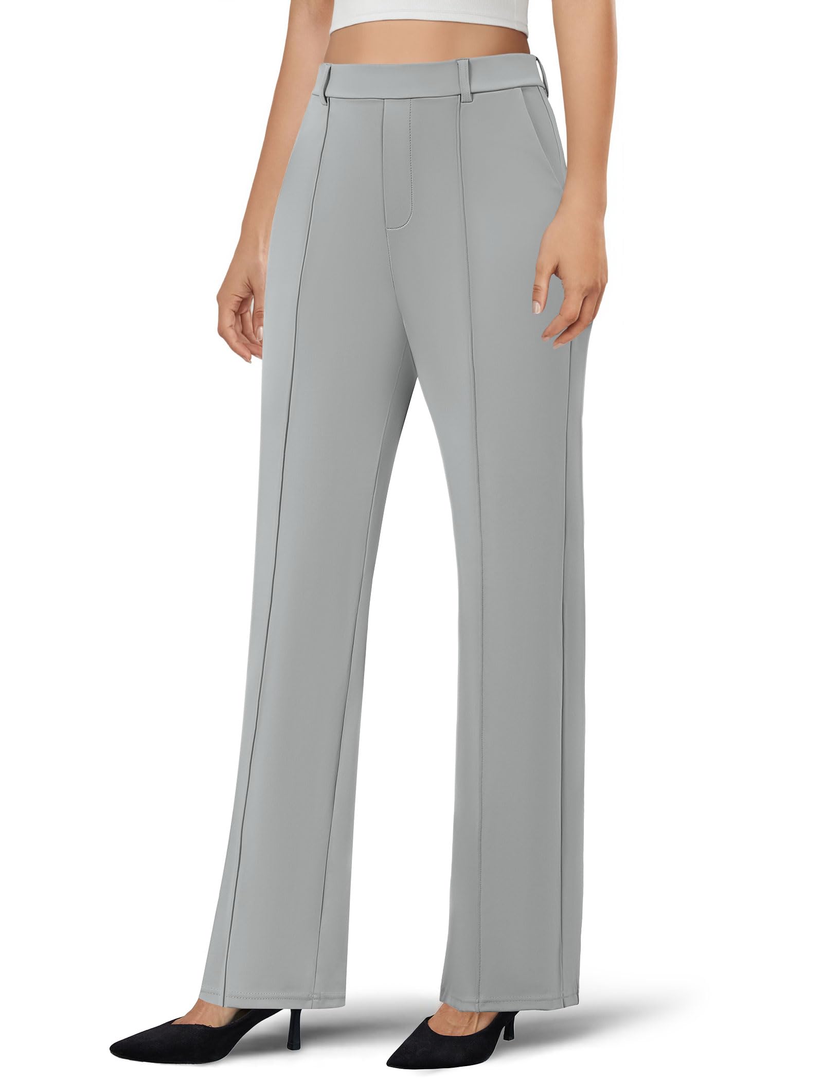 Womens Dress Pants Business Casual Stretchy Work Pants High Waisted Pull On Slacks Office Wide Leg Trousers Light