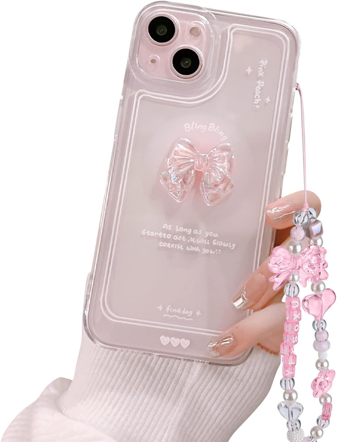 Ownest Compatible with iPhone 13 Mini Case, Cute 3D Pink Bowknot Slim Clear Aesthetic Design Women Girls Sparkly Protective Phone Cases for iPhone 13 Mini + Glitter Crystal Chain