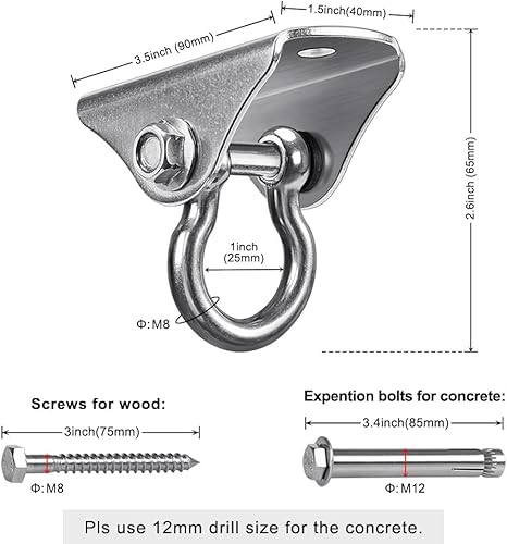Miniatura 7 de BeneLabel Perchas de acero inoxidable, paquete de 2 ganchos de columpio resistentes con 4 tornillos y 4 pernos de expansión para madera y hormigón,