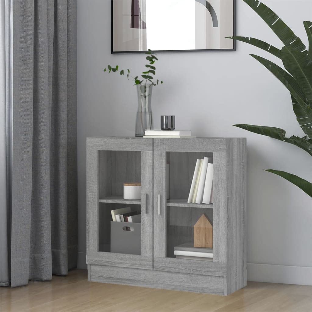 Homvdxl Floor Display Cabinet, 2-Tier Bookshelf with Glass Doors 2 Cube Shelves, Bookcase Sideboard Cabinet for Bedroom, Living Room, Kitchen, Home Office (Grey+Oak)
