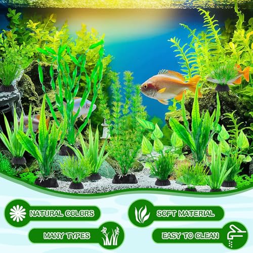 Image of 28Pcs Artificial Aquarium Plants, Green Fish Tank Decorations, Fish Tank Plants Decorations for Household and Office, Various Sizes